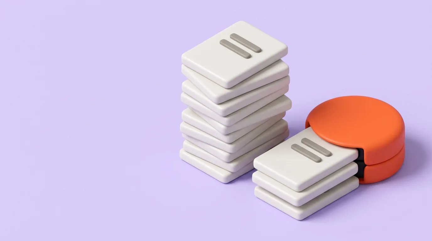 A tall stack of white document slabs beside a shorter pile, one slab feeding into a round orange device