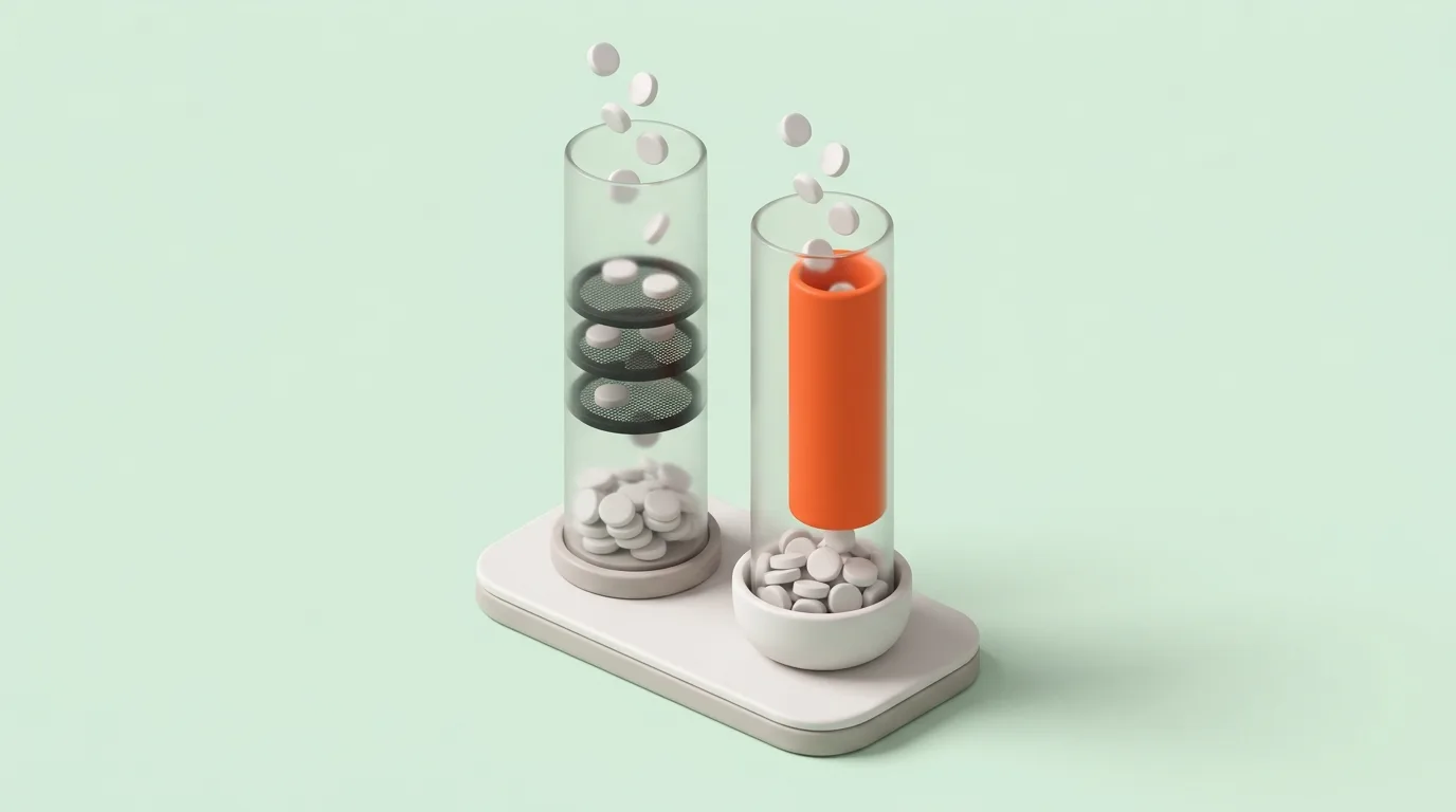 Two transparent columns on a pale green ground, one with mesh filters blocking discs and one with an orange bypass tube