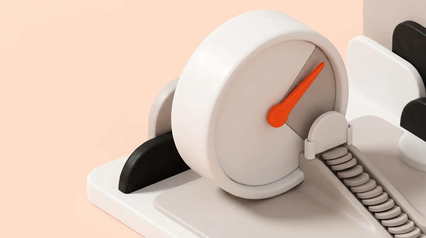 A circular white meter dial on a pale coral ground with an orange pointer needle swung into a danger zone