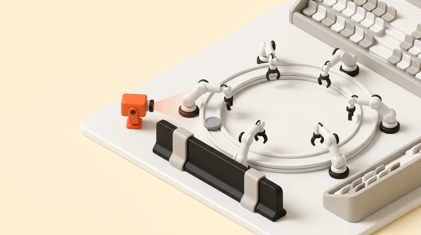 A circular white rail on a pale amber ground with robotic arms passing a token and an orange scanner dropping a barrier