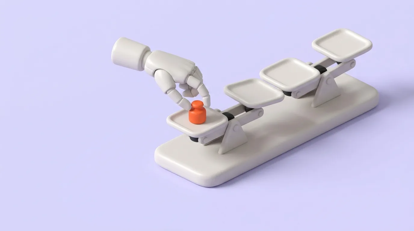 Four balanced scales on a lavender ground with a robotic hand placing an orange weight on the first scale
