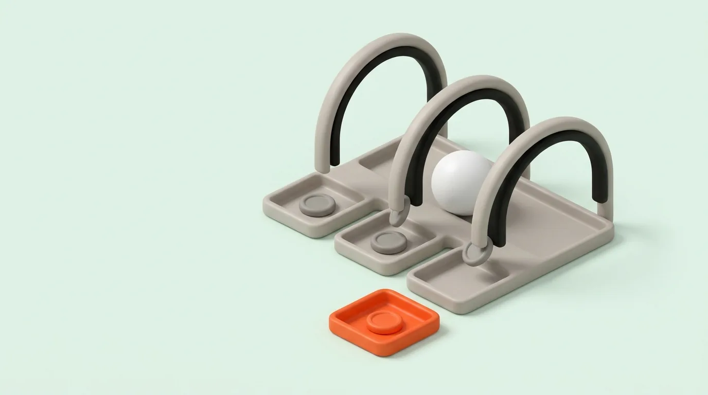 A white sphere rolling beneath three arched hoops, each dropping a grey token into its own tray, with one smaller orange tray sitting apart holding a single token