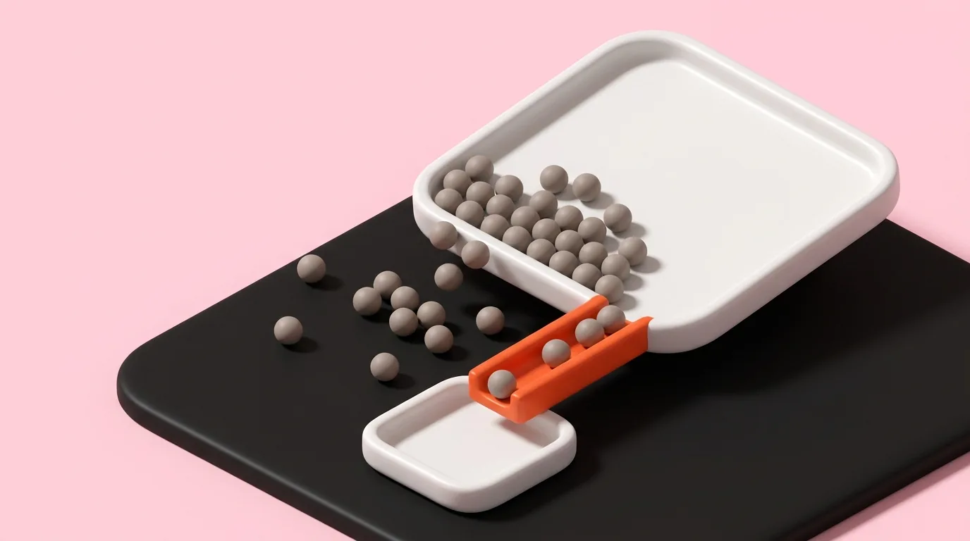 Grey spheres spilling from a tilted white tray while an orange channel guides four of them into a small tray