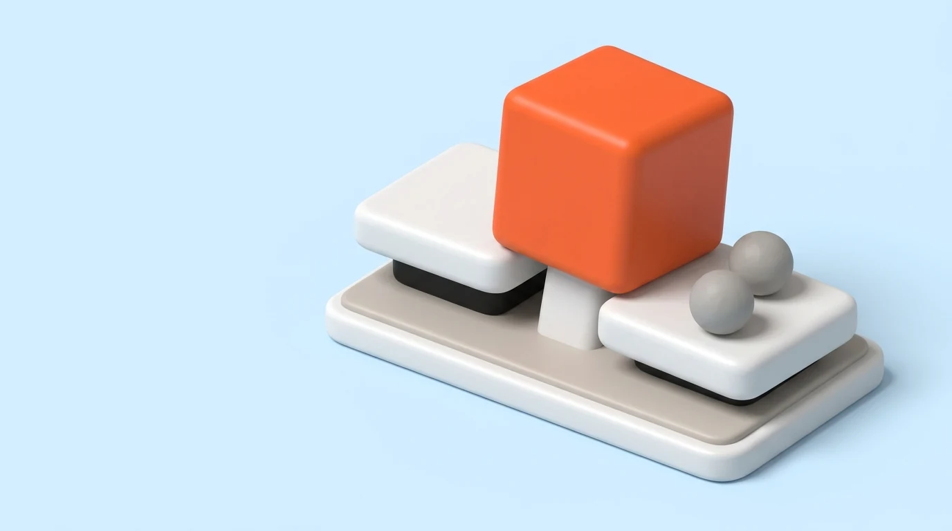 An orange cube resting across two white weighing platforms, one pressed down to its base and one raised