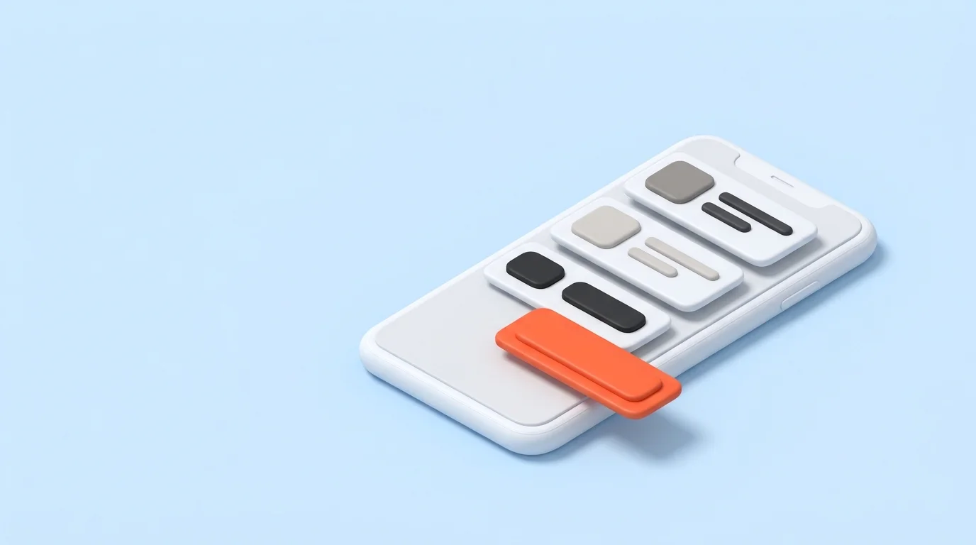 A matte white smartphone on a pastel blue ground with an orange checkout button card shifted out of alignment