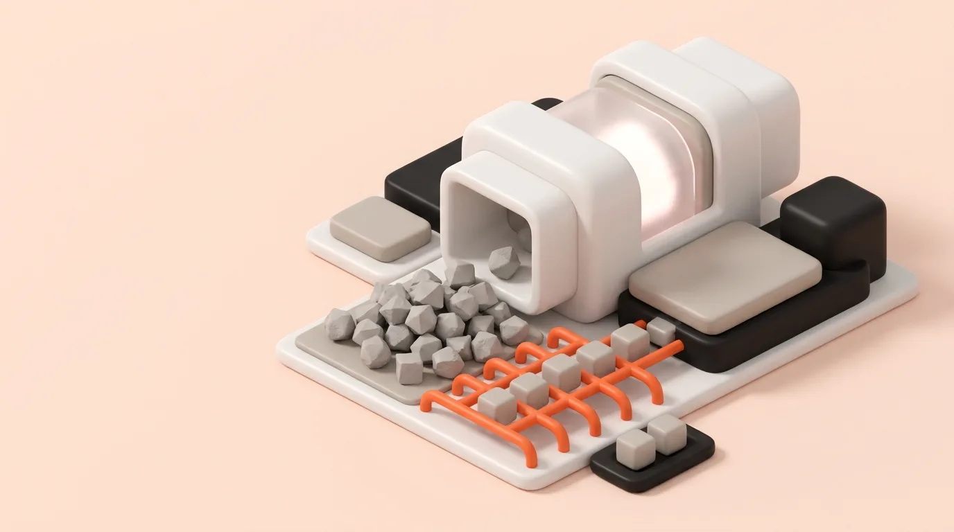 A white computing engine on a pale coral ground with an orange sorting grid converting irregular polygons into cubes