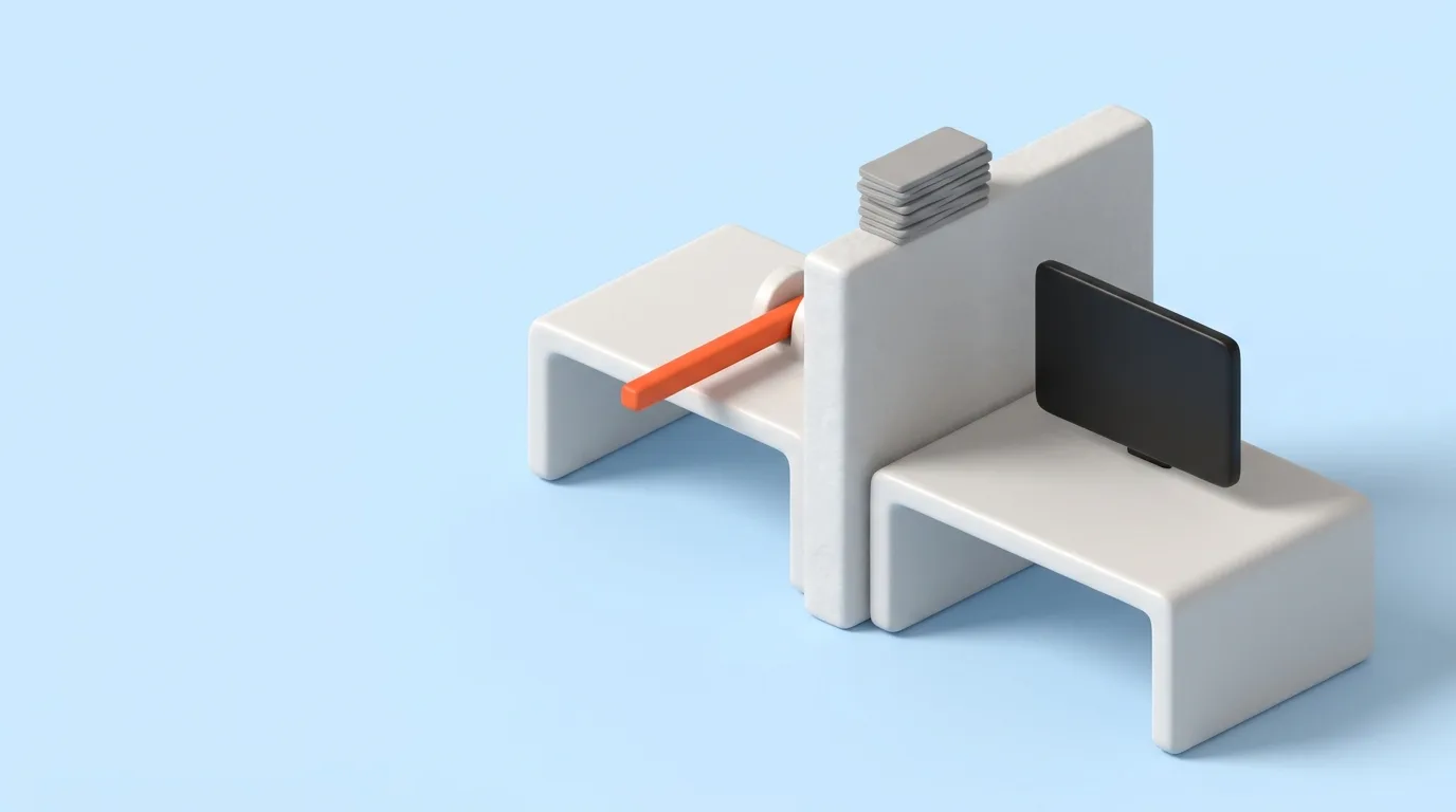 A split editorial desk on a pale blue ground with an orange lever arm separated from a screen by a wall of ticket slabs