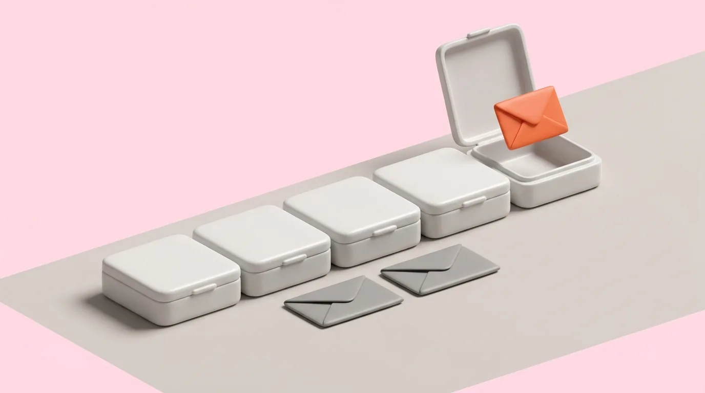 Five white hinged boxes in a row, four shut and the last open with an orange envelope rising out of it, two grey envelopes lying flat in front