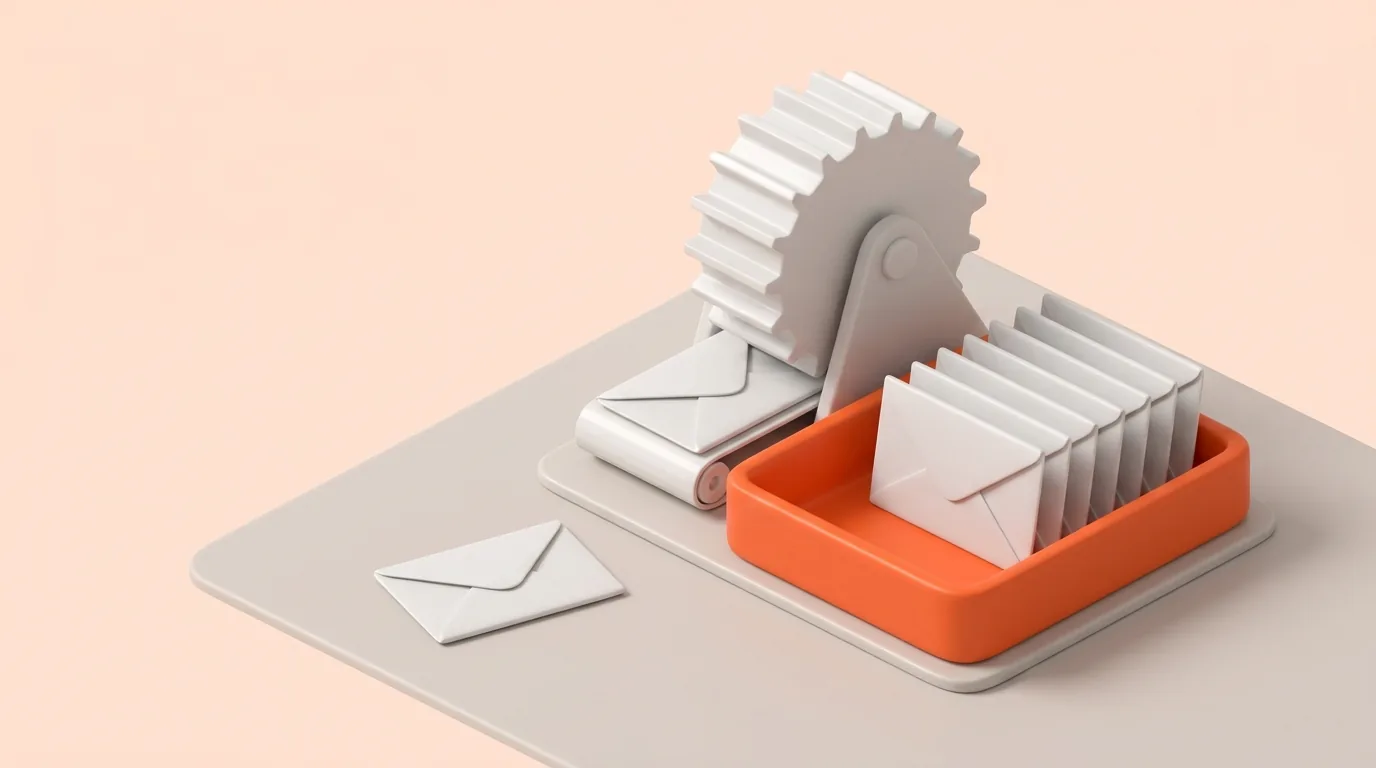 A single white envelope on the ground beside a notched white wheel feeding envelopes from a belt into an orange tray where several stand upright in a row