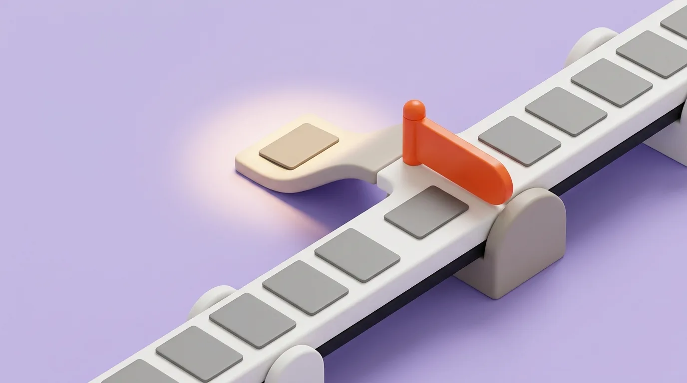 A white sorting track on a lavender ground with an orange diverter gate shunting an unlabelled card onto a spotlighted side ramp