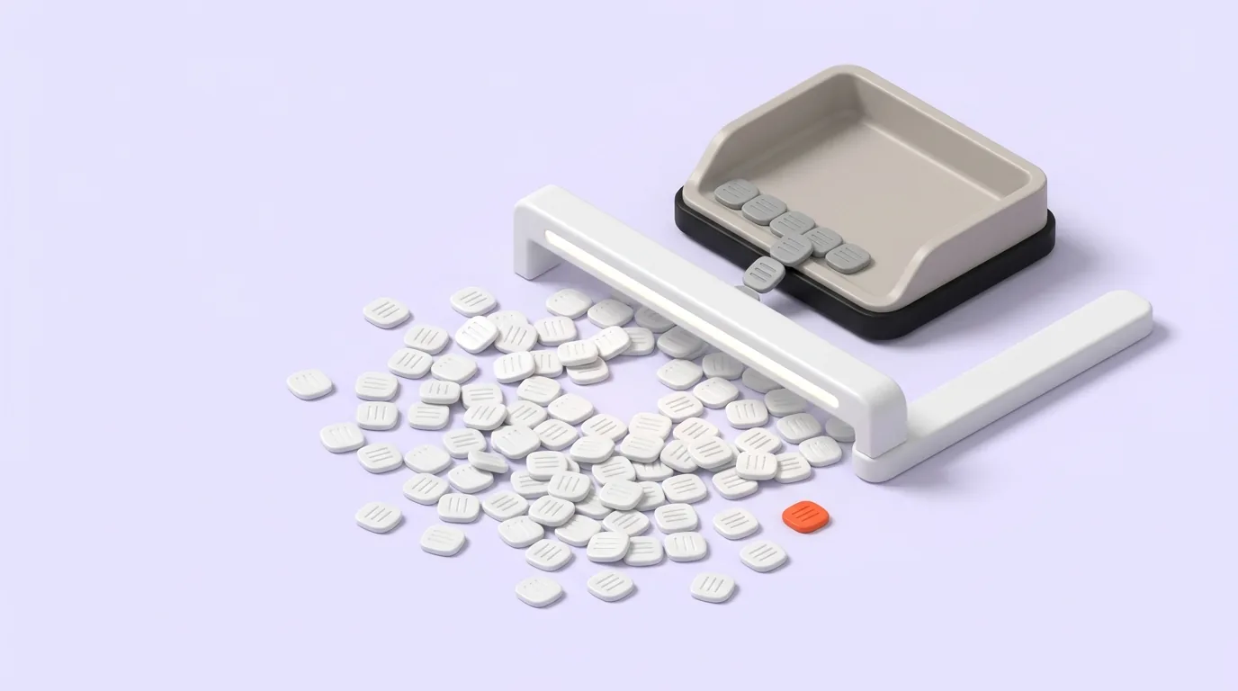 A scattered pile of small matte white chips beside a scanning rail, most chips gathered in a tray while one orange chip sits apart, untouched