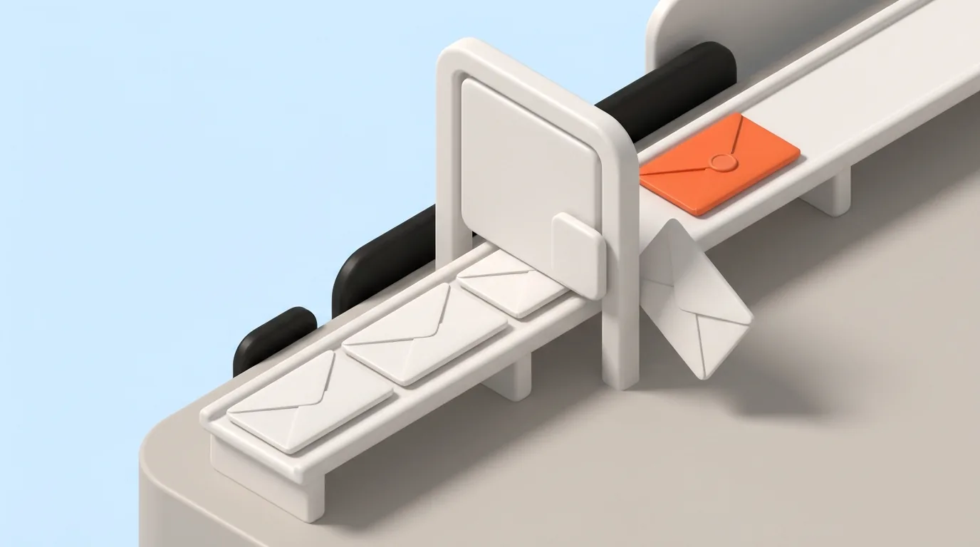 White envelopes queued along a raised rail behind a closed gate paddle, one tipping off the edge, while a single orange envelope with a round seal continues past the gate