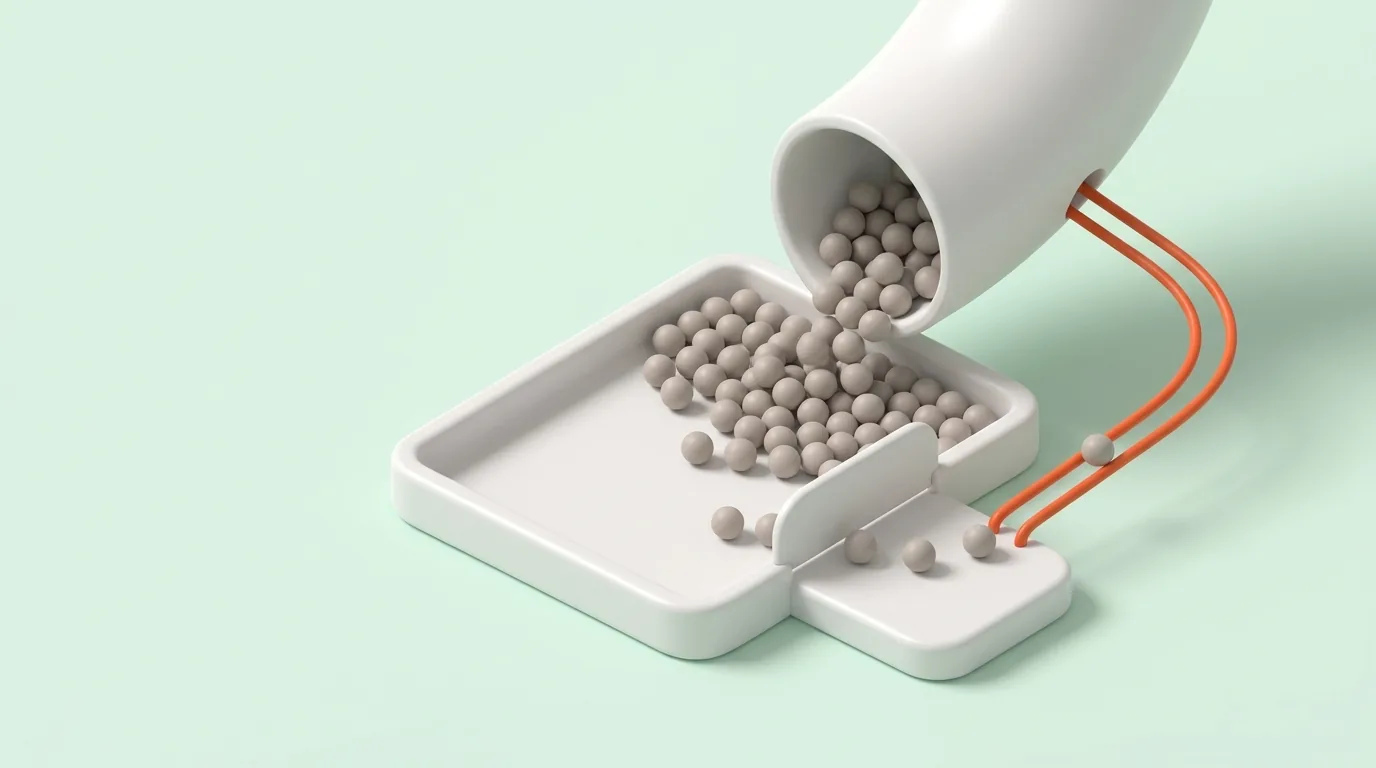 A tipped white chute pouring grey spheres into a tray, a gate letting a few through to a raised platform, and an orange rail curving back to the chute