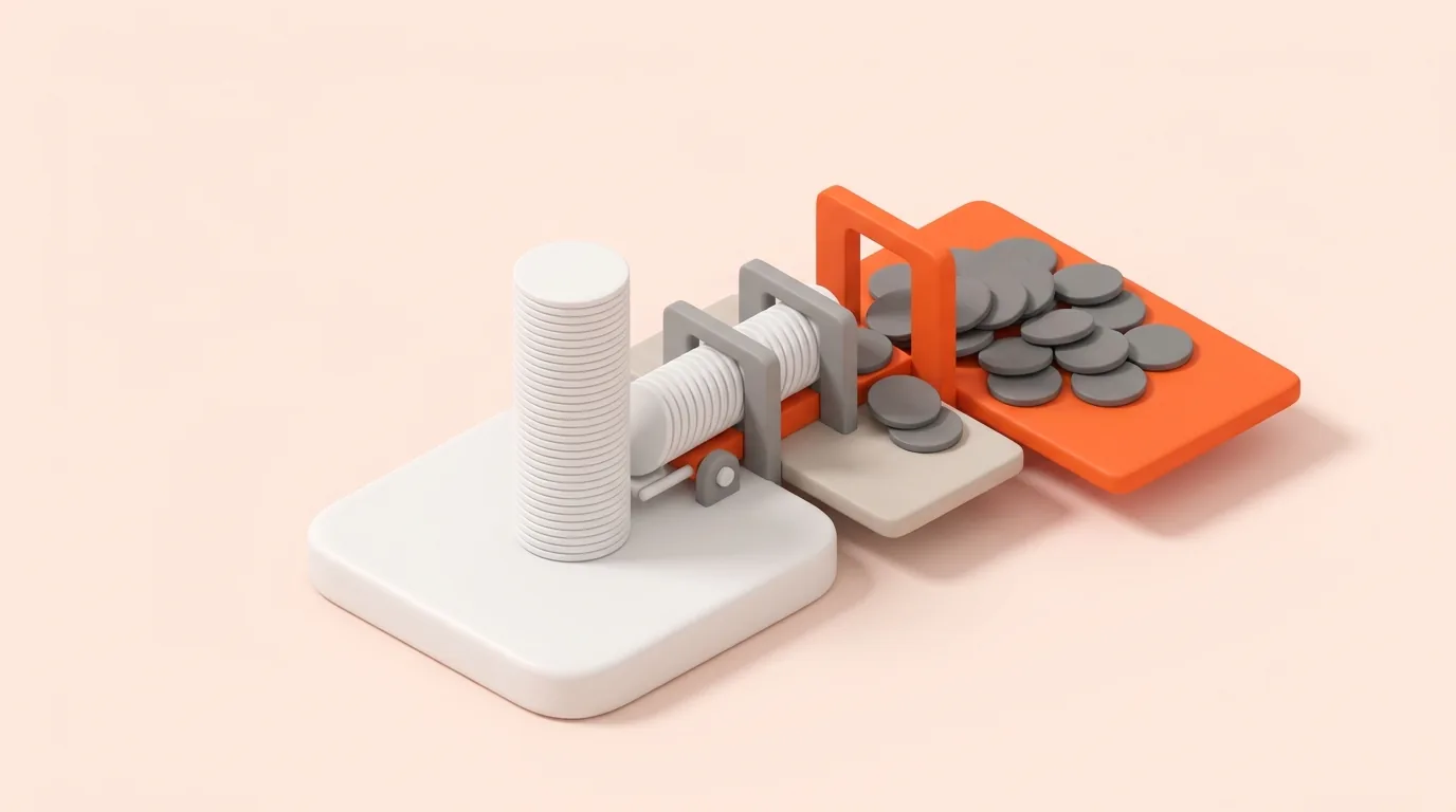 A tall stack of matte white discs passing through a sequence of gates, the last one orange and wider, diverting a large cluster of grey discs onto its tray