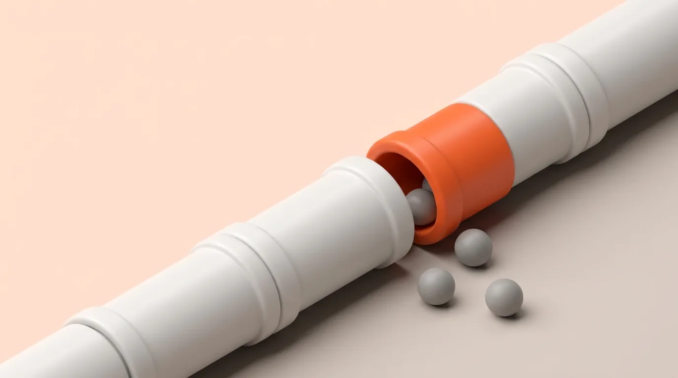 A white pipe run with one orange segment pulled out of joint and grey spheres spilling onto the floor beneath