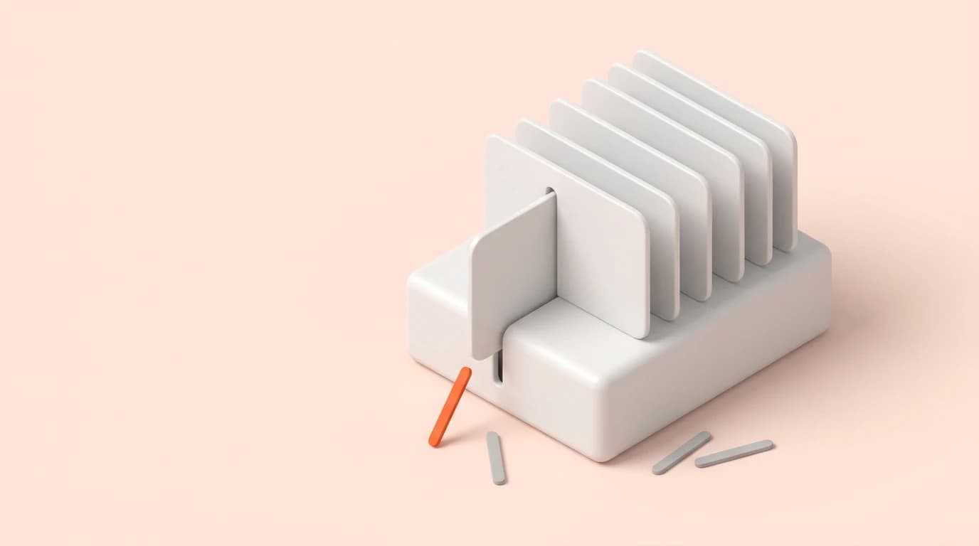 White cards standing upright in a slotted block, one pushed through the slot and left shorter, with an orange sliver and three grey slivers fallen on the ground
