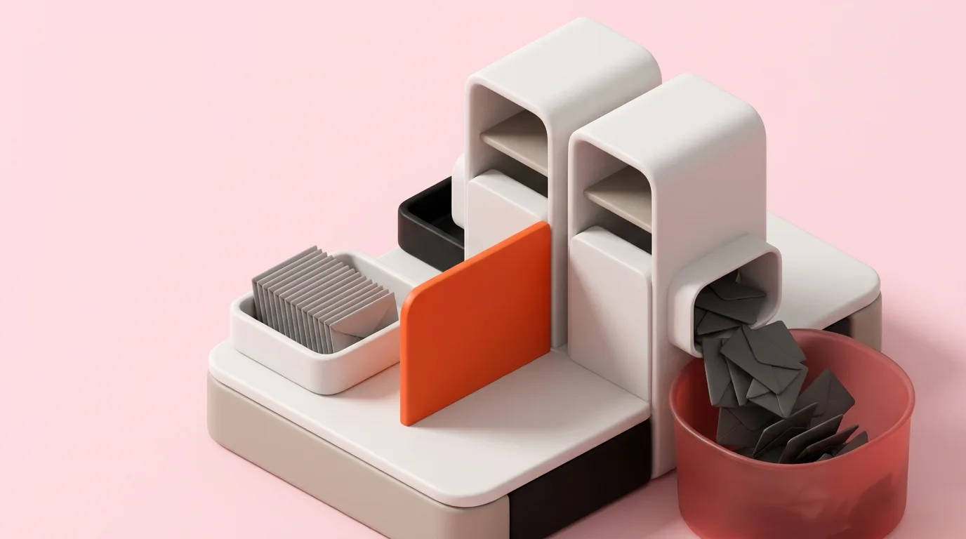Two mail sorting towers on a pale pink ground, one protected by an orange barrier and one spilling envelopes into a discard bin