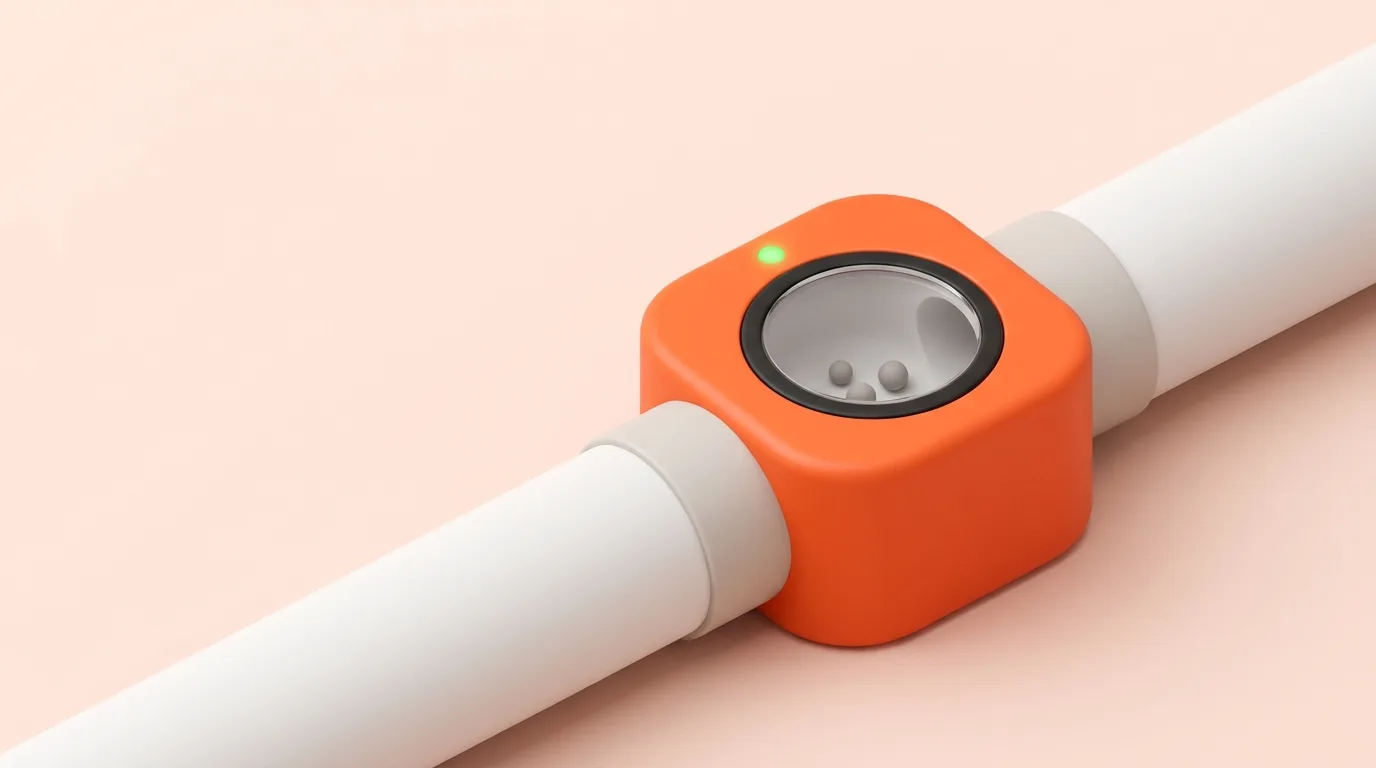 A run of white pipes on a pale coral ground with an orange valve box showing an empty viewing pane and a green indicator light