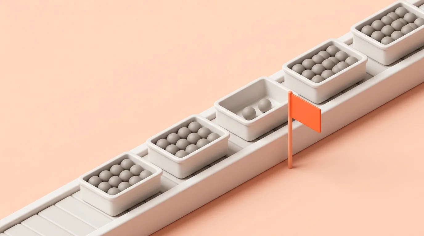 A white industrial conveyor with rows of full containers and one underfilled container flagged in bright coral orange