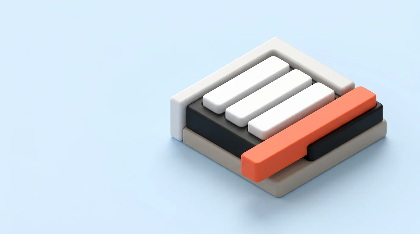 A modular white letterpress block on pastel blue with an aligned bright coral glyph bar
