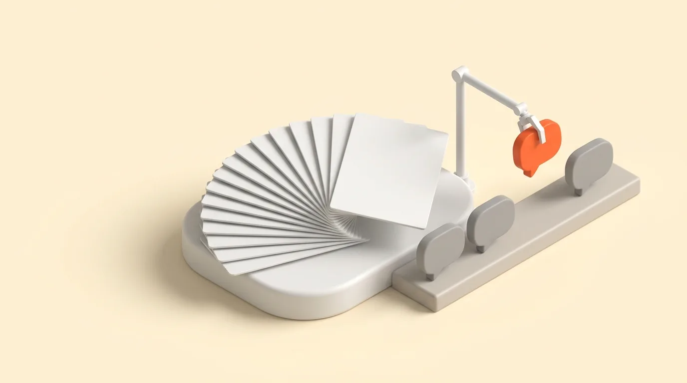 A wide fan of matte white post cards spread across a stand, beside a rail of grey speech-bubble tokens with a white arm lifting one orange speech bubble off the rail