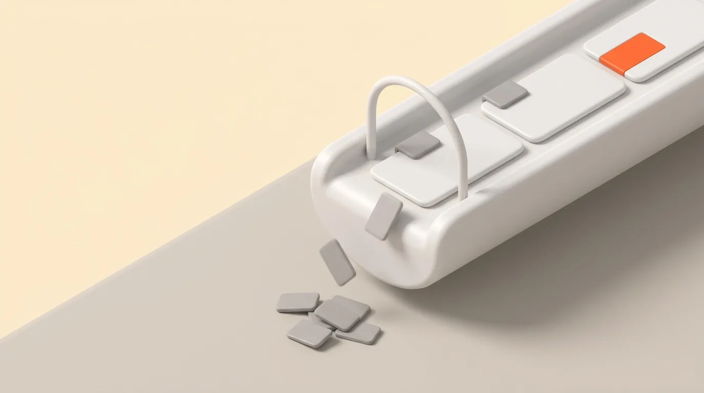 A tilted white channel with flat pale plates set along its top and one orange plate among them, small grey tiles spilling from its open end onto the ground below