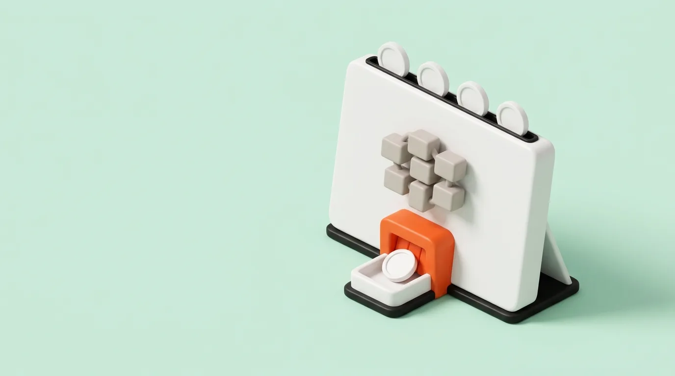 A 3D clay render of a landing page panel on a stand filtering white tokens through an orange gate mechanism while grey tag blocks cluster at the side