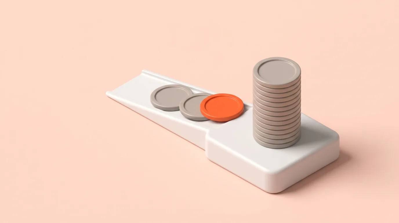 A tall stack of grey discs already tallied on a raised platform, with two grey discs and one orange disc arriving beside it
