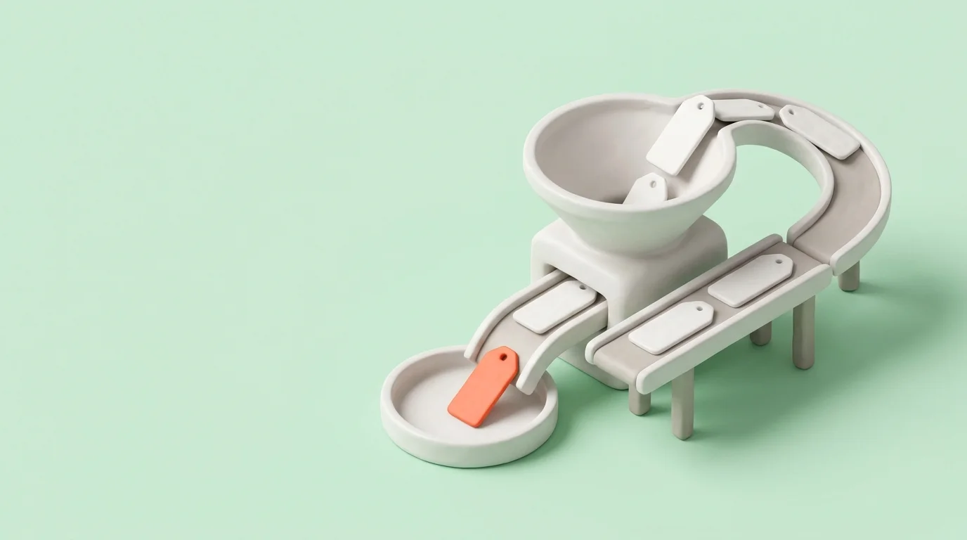 A white sorting funnel on pastel green separating aligned white tags from a misprinted coral orange tag