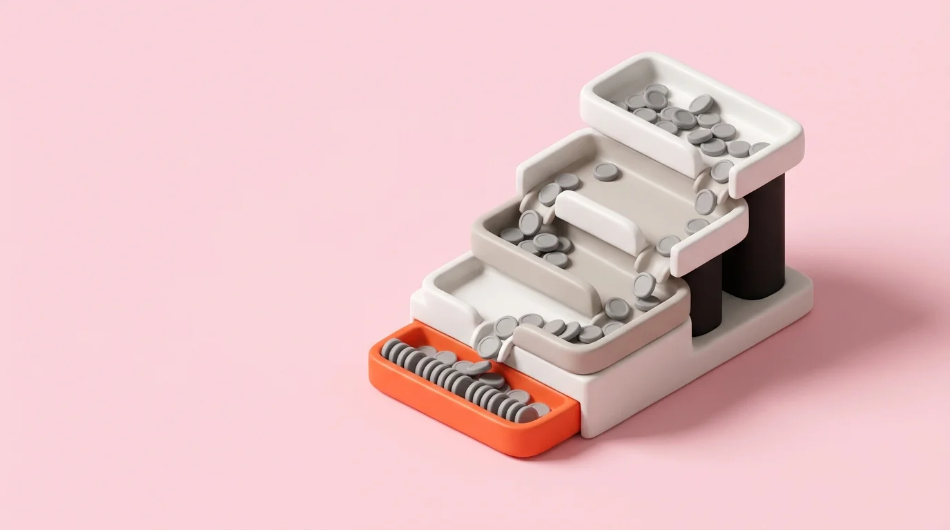 A tiered white cascading tray assembly on pastel pink sorting tokens into a coral catch basin