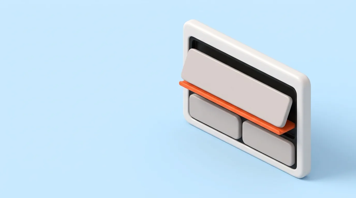 A matte white browser window frame with one interior section lifted out on an orange guide rail, two sections seated flush below it