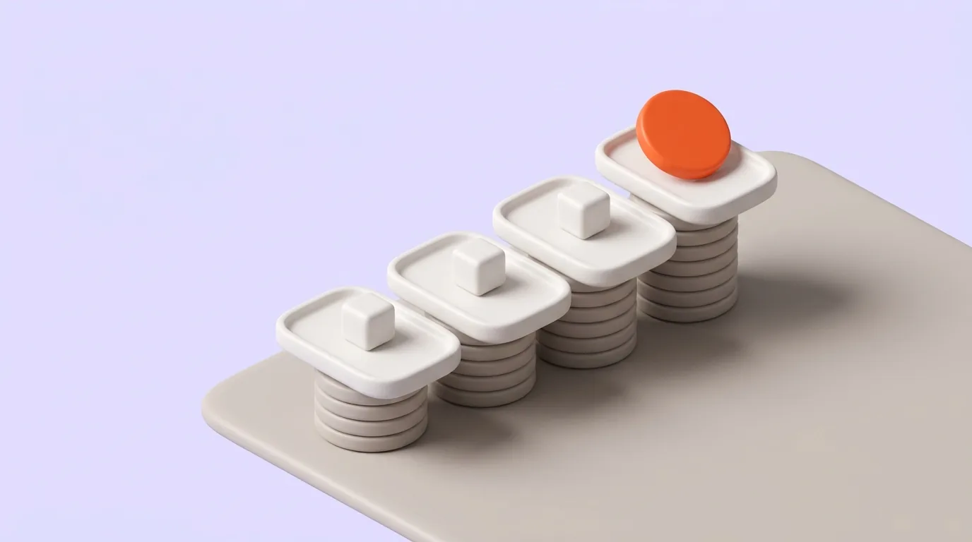 White trays on stacks of grey discs that grow taller along the row, the tallest holding an orange disc instead of a cube