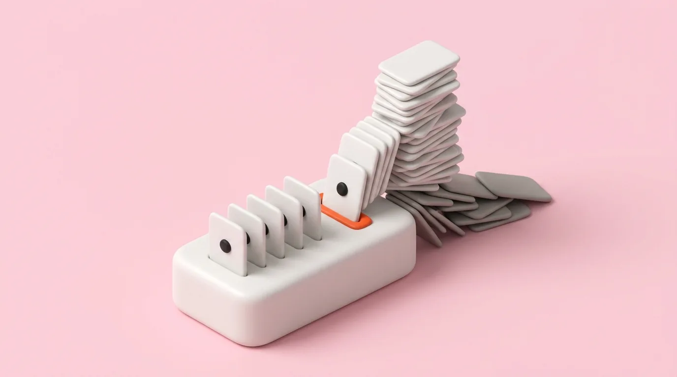 A toppling stack of white and grey cards feeding through a narrow orange bar, with five cards standing upright and evenly spaced on the block beyond it
