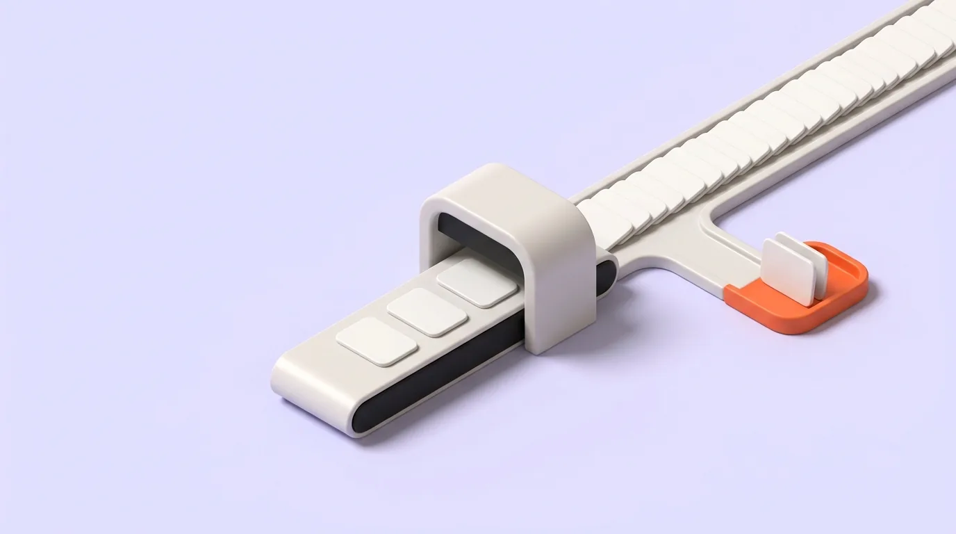 A white belt carrying pale cards under a squat white arch, the track continuing beyond it to a single card standing upright in a small orange tray
