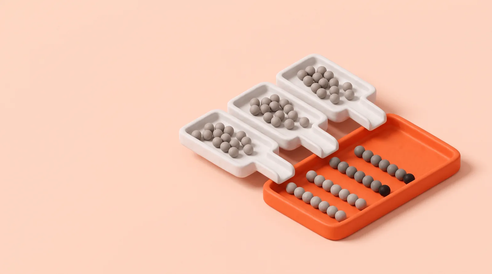 Three white trays of scattered grey spheres feeding into a single orange tray where the same spheres sit in tidy rows