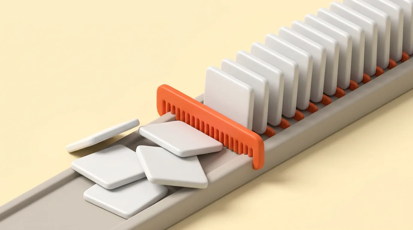 White square tiles lying scattered flat on a grey track, passing an orange comb that stands them upright and evenly spaced along the rest of the run