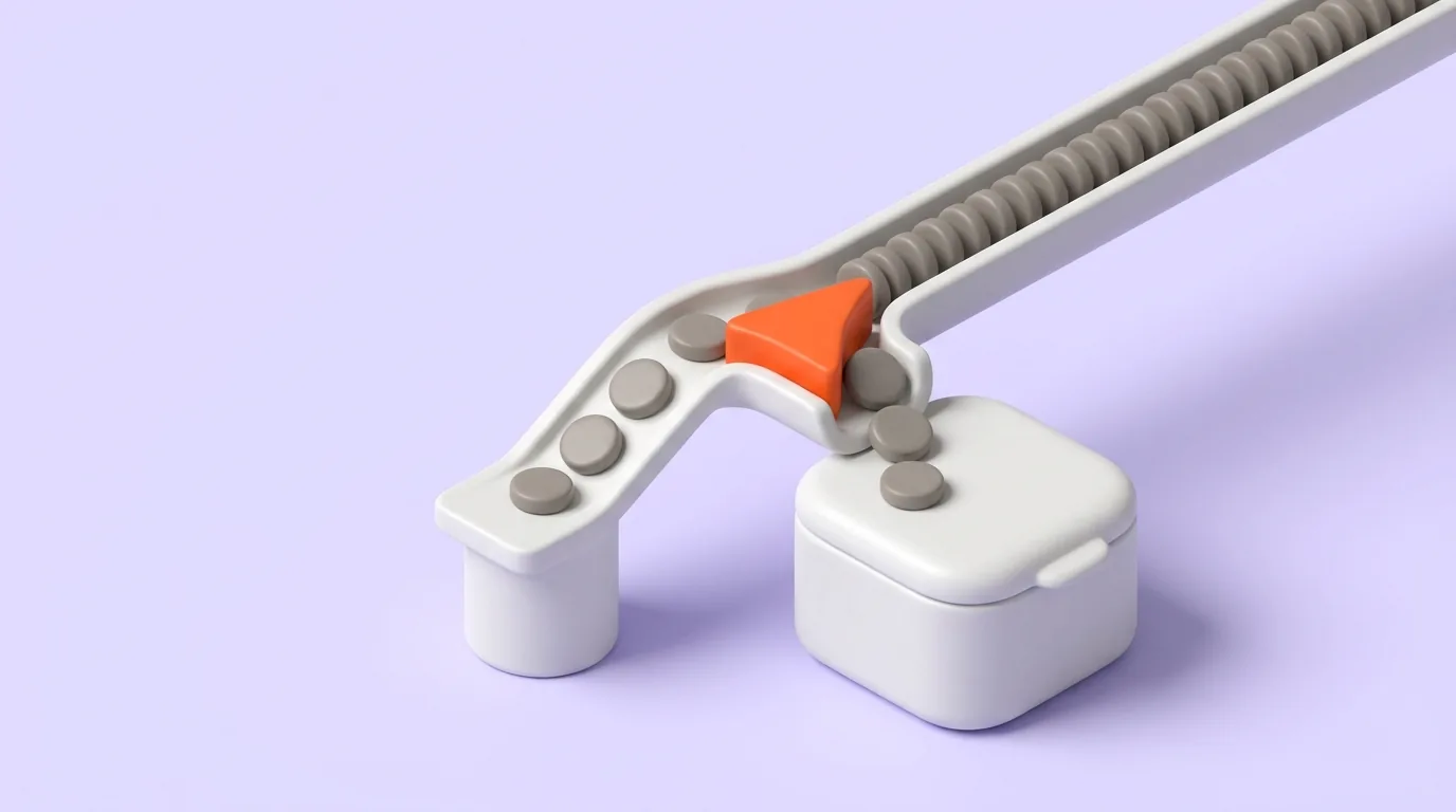 A line of grey discs running down a white chute to an orange wedge that splits them, most carrying on into a closed box and a few peeling away onto a separate open ledge