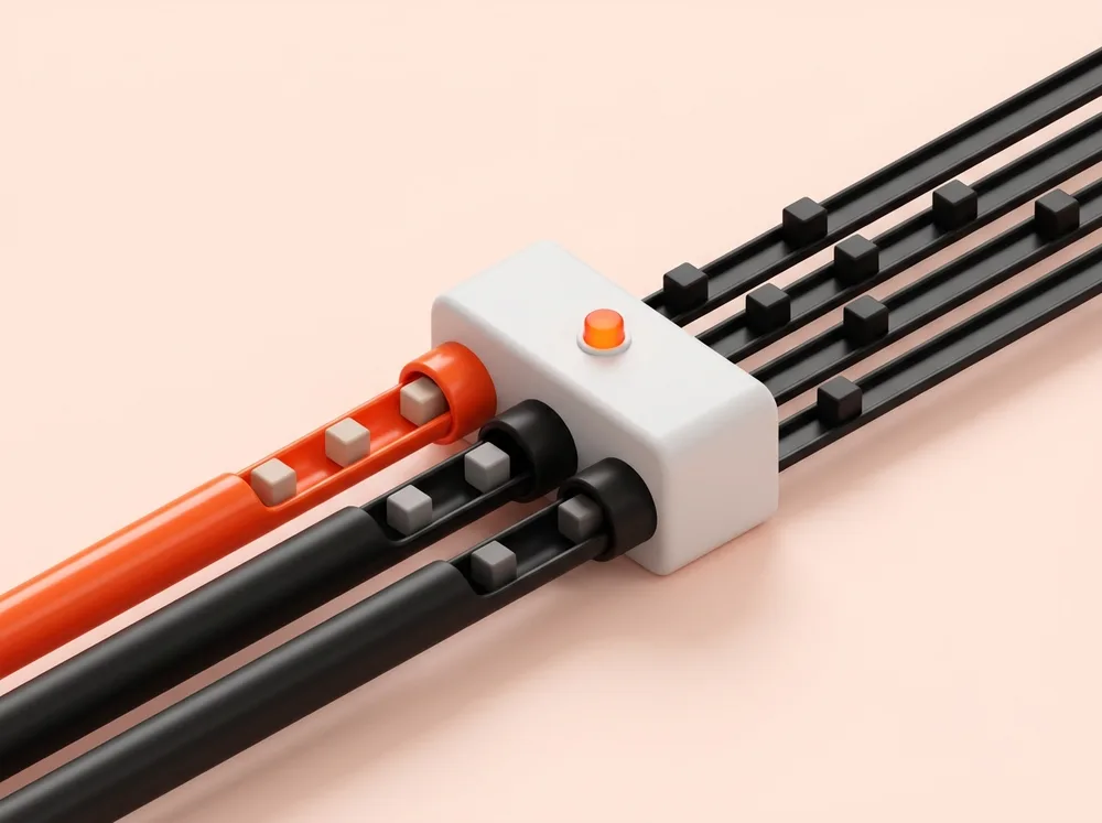 Coloured data cables converging into a single connector and fanning back out