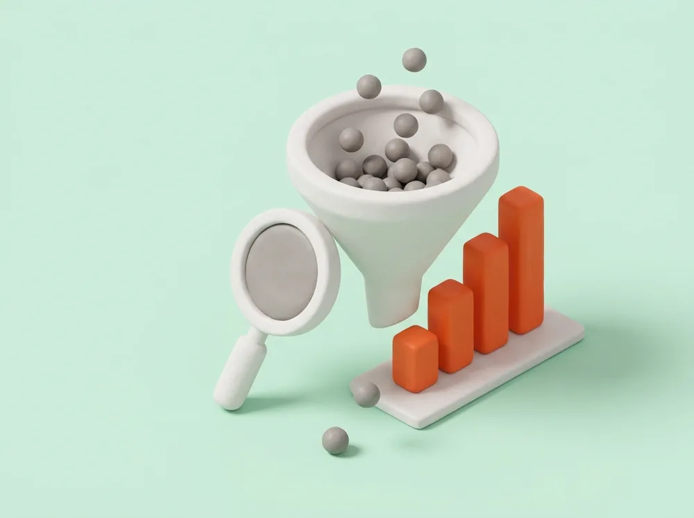 A marketing funnel next to a rising bar chart and a magnifying glass