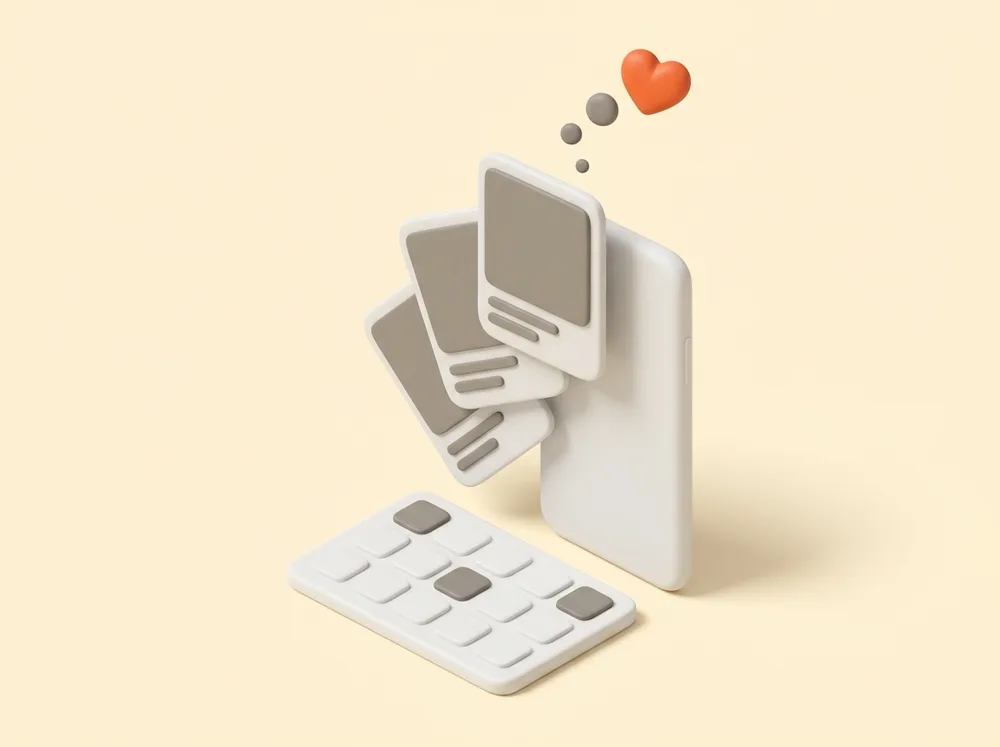 A phone fanning out scheduled social posts with a heart reaction above it