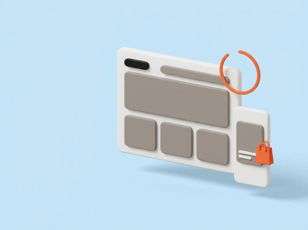 A website layout beside a mobile storefront screen with a shopping bag